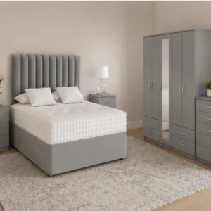 Complete Luxury Bedroom Suite – King Size Bed with 5 Door Full Length Mirror Wardrobe, Chest of 5 Drawers & Two Bed Side Tables