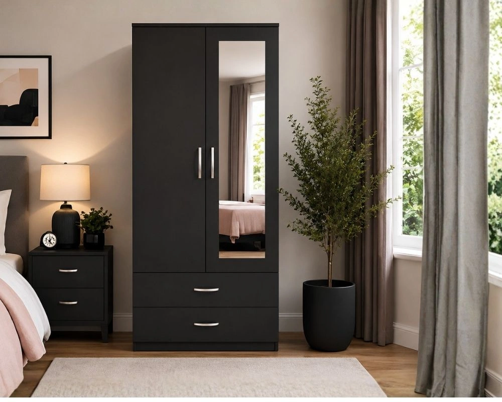 Modern Black 2 Door Mirrored Wardrobe with 2 Drawers - Bedroom Storage Cabinet