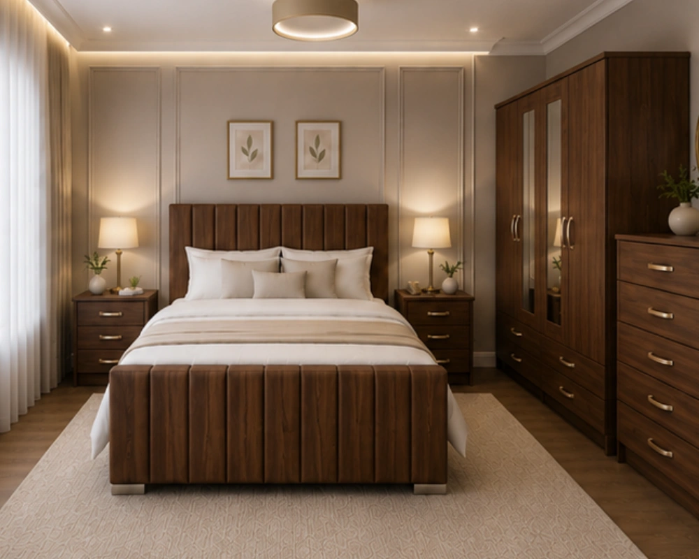 Luxury Double Bed Set With Four Door Wardrobe With Four Drawer - Chest of Five Drawers With Two Bed Side Table