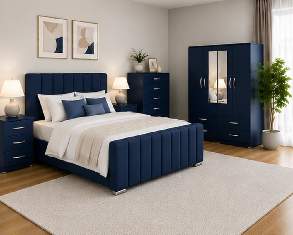 Double Bed Storage Furniture Set - 4 Door Mirror Wardrobe - Five Drawer Chest - Matching Bedside Tables - Image 4