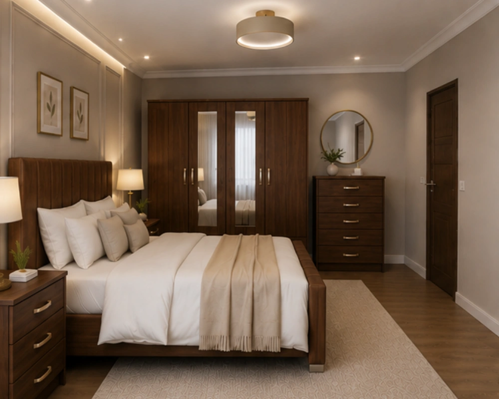 Luxury Double Bed Set With Four Door Wardrobe With Four Drawer - Chest of Five Drawers With Two Bed Side Table - Image 4