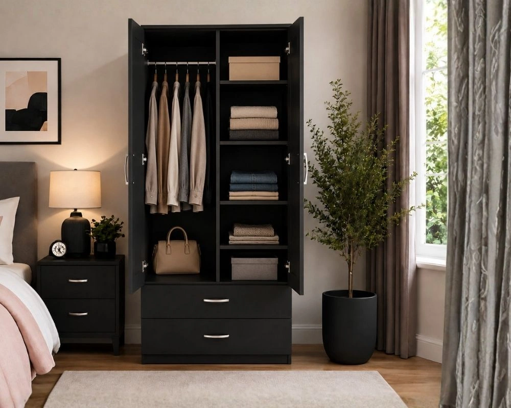Modern Black 2 Door Mirrored Wardrobe with 2 Drawers - Bedroom Storage Cabinet - Image 4