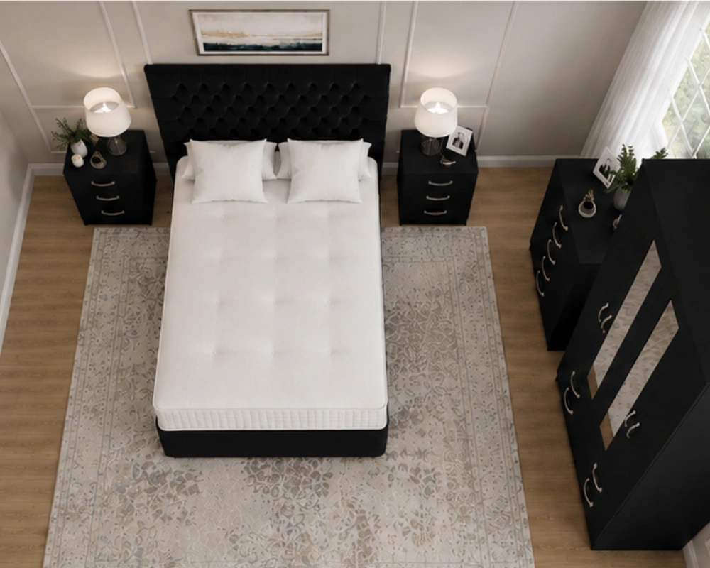 Contemporary Bedroom Furniture Set – Four Door Wardrobe with Four Bottom Drawers – Double Bed, Chest of Five Drawers & Two Bedside Tables - Image 3