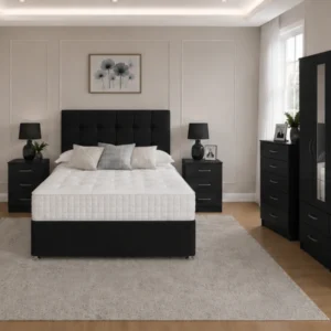 Complete Bedroom Furniture Package – Four Door Wardrobe with Four Bottom Drawers – Double Bed, Chest & Bedside Tables