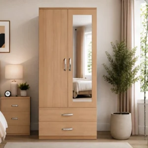 Oak Effect 2 Door Mirrored Wardrobe with 2 Drawers - Modern Bedroom Storage Cabinet