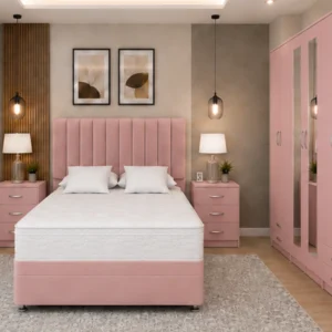 Double Storage King Size Bed Furniture Set – 6 Door Wardrobe with Mirrors – Five Drawer Chest – Two Bedside Units