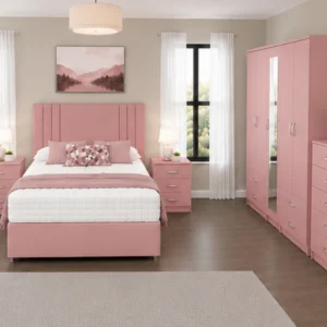 Premium Double Bed Suite – Five Door Mirrored Wardrobe, Four Bottom Drawers, Five Drawer Chest & Matching Bed Side Tables