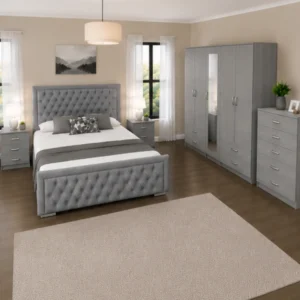 Double Bed Furniture Set - Five Door Full Length Mirror Wardrobe With Four Bottom Drawers - Chest of Five Drawers - Two Bedside Tables
