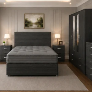 Contemporary Home Furniture Set - Four Door Mirror Wardrobe With Four Bottom Drawers - Double Bed - Chest of Five Drawers