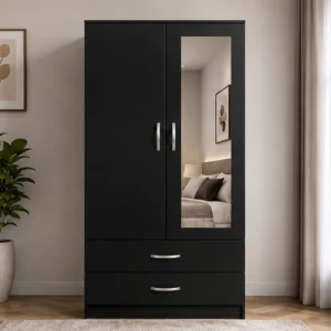 Sleek Black Wardrobe Cabinet with Mirror & 2 Drawers – Modern Space-Saving Design