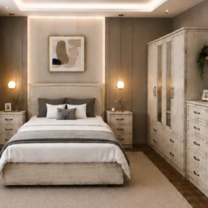 Luxury Double Bed Furniture Set – Four Door Wardrobe with Four Bottom Drawers – Chest of Five Drawers with Two Bedside Tables