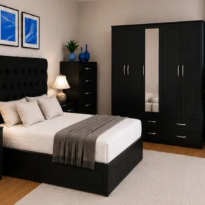 Luxury Bedroom Essentials – Double Bed, 5 Door Wardrobe with Full Mirror, Chest of Five Drawers & Two Bed Side Tables