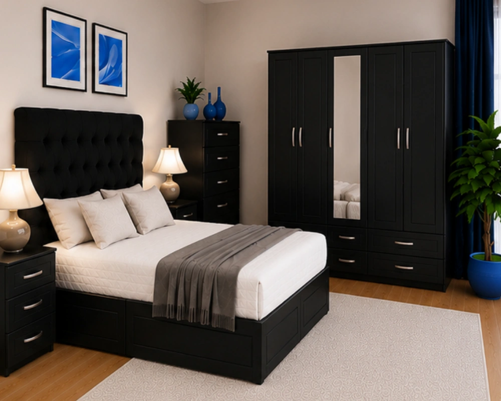 Luxury Bedroom Essentials – Double Bed, 5 Door Wardrobe with Full Mirror, Chest of Five Drawers & Two Bed Side Tables