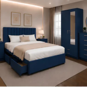 Designer Bedroom Set - Double Bed - Two Door Wardrobe With Mirror And Drawer - Chest of Five Drawers - Two Bedside Tables
