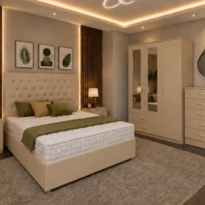 Luxury Double Bed Furniture Set – Three Door Wardrobe with Two Half Mirrors & Two Bottom Drawers – Chest of Five Drawers with Two Bed Side Tables