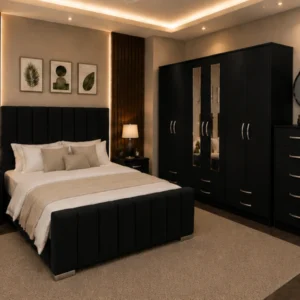 Complete Bedroom Collection With Double Bed - Six Door Wardrobe With Four Drawer - Chest of Five Drawers With Two Bed Side Table