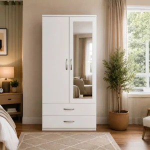 Modern White 2 Door Mirrored Wardrobe with 2 Drawers - Bedroom Storage Cabinet