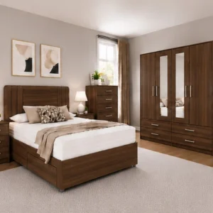 Modern Storage Bedroom Suite - Double Bed - 4 Door Wardrobe With Full Mirrors And Four Drawers - Bedside Table Pair
