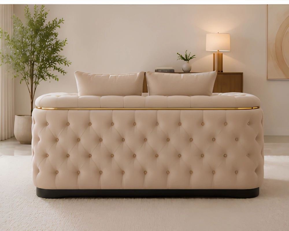 Madrid Beige 2 Seater Sofa – Luxury Chesterfield Fabric Sofa with Gold Accents | UK - Image 3