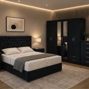 Luxury Bedroom Suite - King Bed - 6 Door Full Mirror Wardrobe - Five Drawer Chest - Two Bedside Units