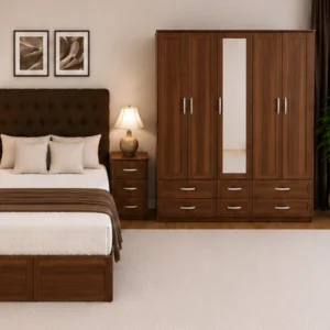 Modern Bedroom Storage Collection – Double Bed with Five Door Wardrobe, Full Length Mirror & Four Bottom Drawers