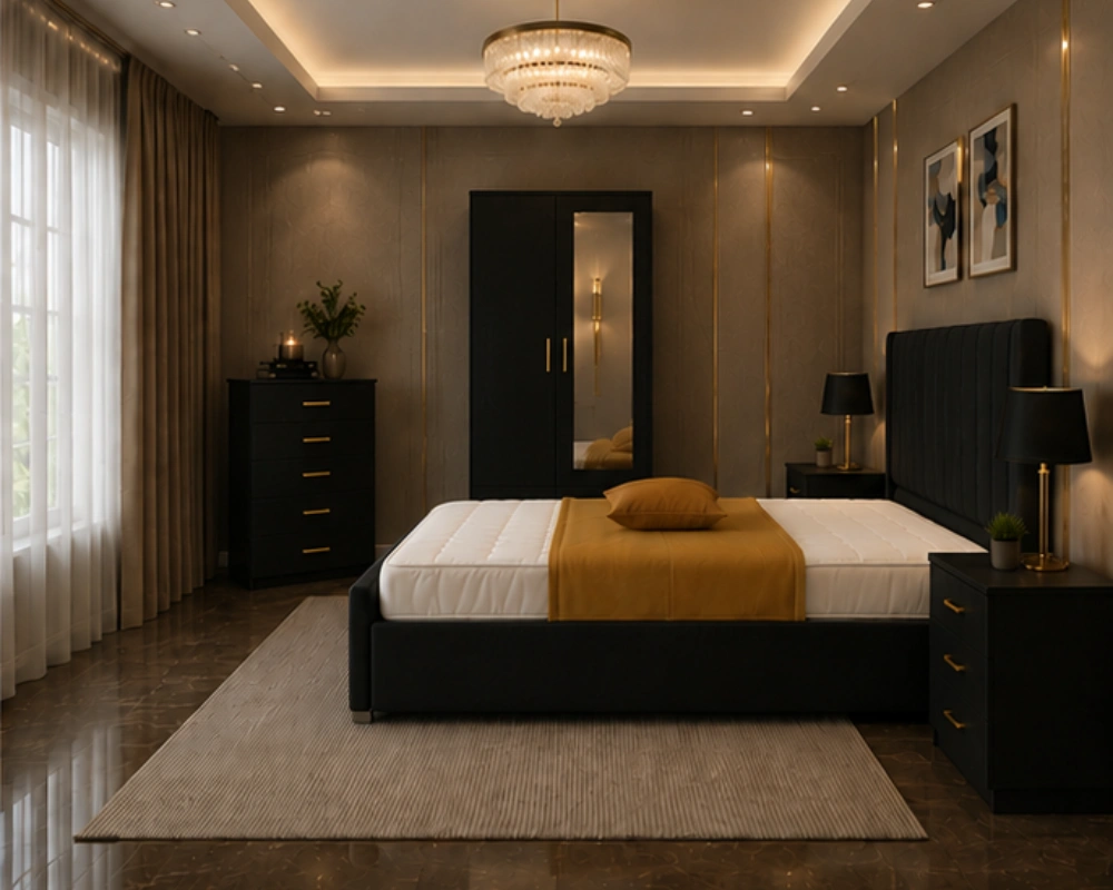 King Size Bed Furniture Set - Six Door Wardrobe With Four Drawer - Chest of Five Drawers With Two Bed Side Table - Image 3
