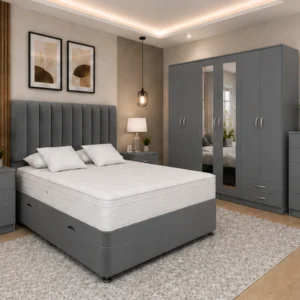 Luxury Bedroom Collection – Upholstered king Bed – Six Door Wardrobe – Tall Chest of Drawers – Two Nightstands
