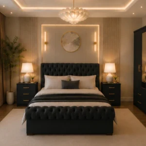 King Bed Interior Furniture Set - Two Door Mirror Wardrobe - Chest of Five Drawers - Two Bedside Tables
