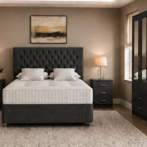 Double Bed Storage Furniture Set - 3 Door Wardrobe With Two Full Length Mirrors - Five Drawer Chest - Matching Bedside Tables