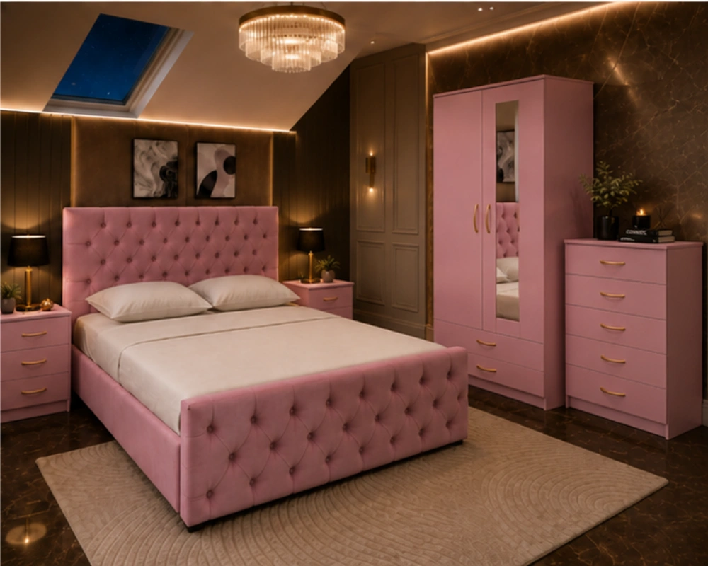 Contemporary Bedroom Suite - king Bed - 2 Door Mirror Wardrobe With Bottom Drawer - Five Drawer Chest - Bedside Table Pair - Image 2