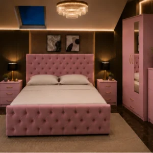 Contemporary Bedroom Suite - king Bed - 2 Door Mirror Wardrobe With Bottom Drawer - Five Drawer Chest - Bedside Table Pair