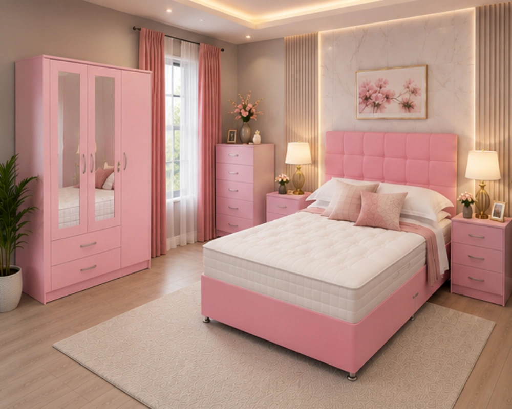 Luxury Bedroom Set with Three Door Wardrobe With Four Drawer - Chest of Five Drawers With Two Bed Side Table