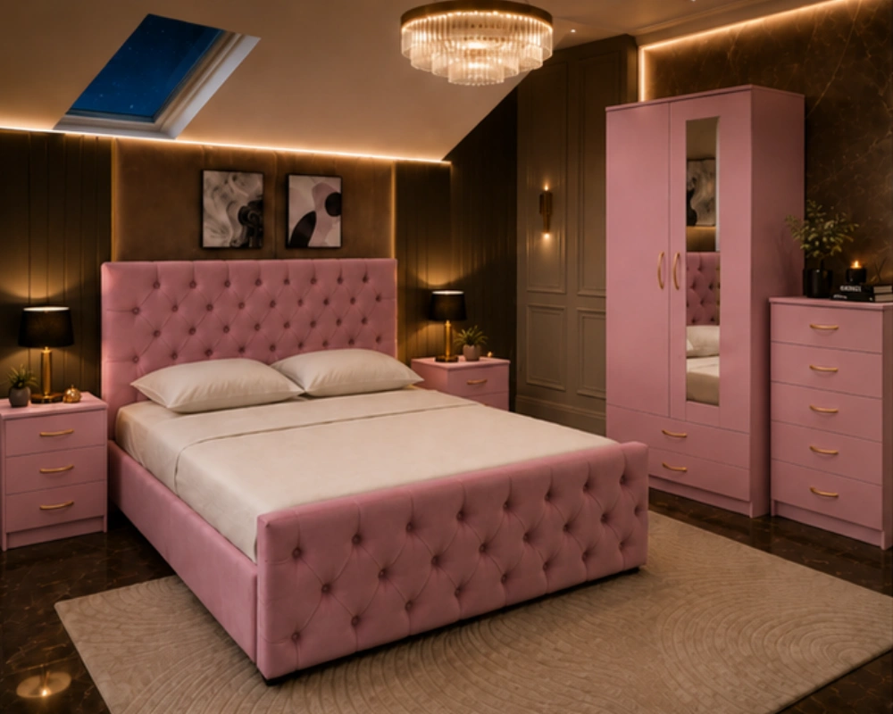 Contemporary Bedroom Suite - king Bed - 2 Door Mirror Wardrobe With Bottom Drawer - Five Drawer Chest - Bedside Table Pair - Image 4