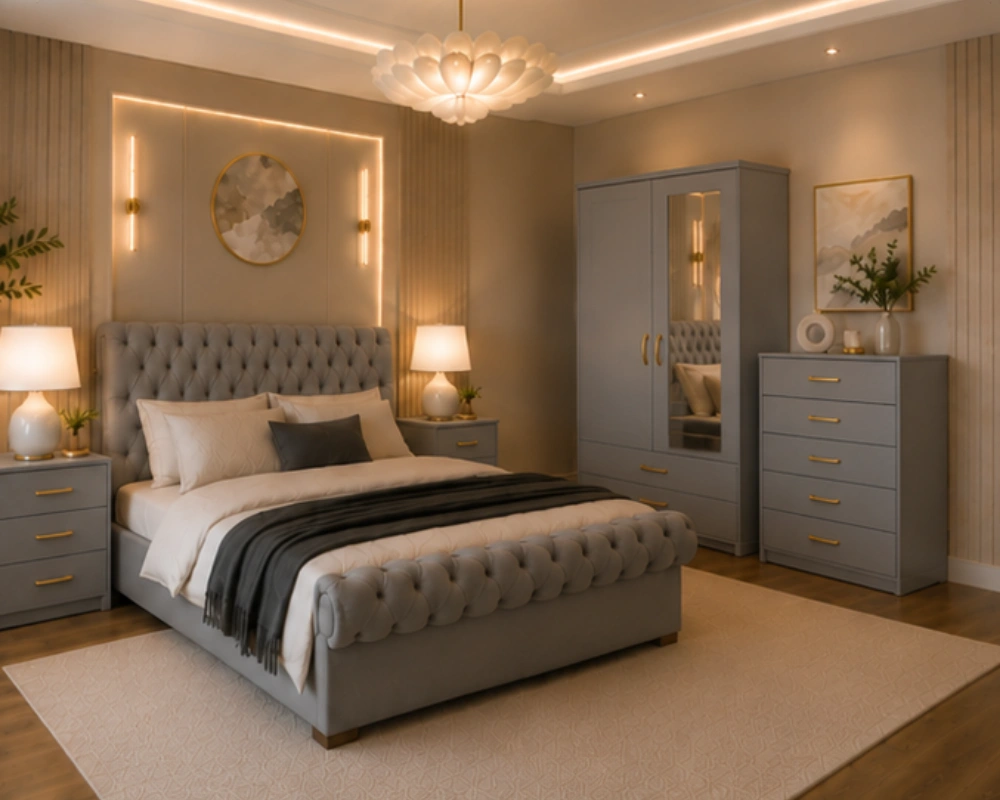 Modern Home Bedroom Furniture - king Bed - Two Door Mirror Wardrobe - Five Drawer Chest - Two Bedside Cabinets - Image 2