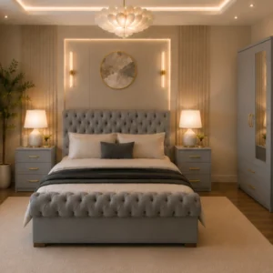 Modern Home Bedroom Furniture - king Bed - Two Door Mirror Wardrobe - Five Drawer Chest - Two Bedside Cabinets