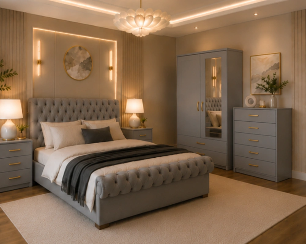 Modern Home Bedroom Furniture - king Bed - Two Door Mirror Wardrobe - Five Drawer Chest - Two Bedside Cabinets - Image 4
