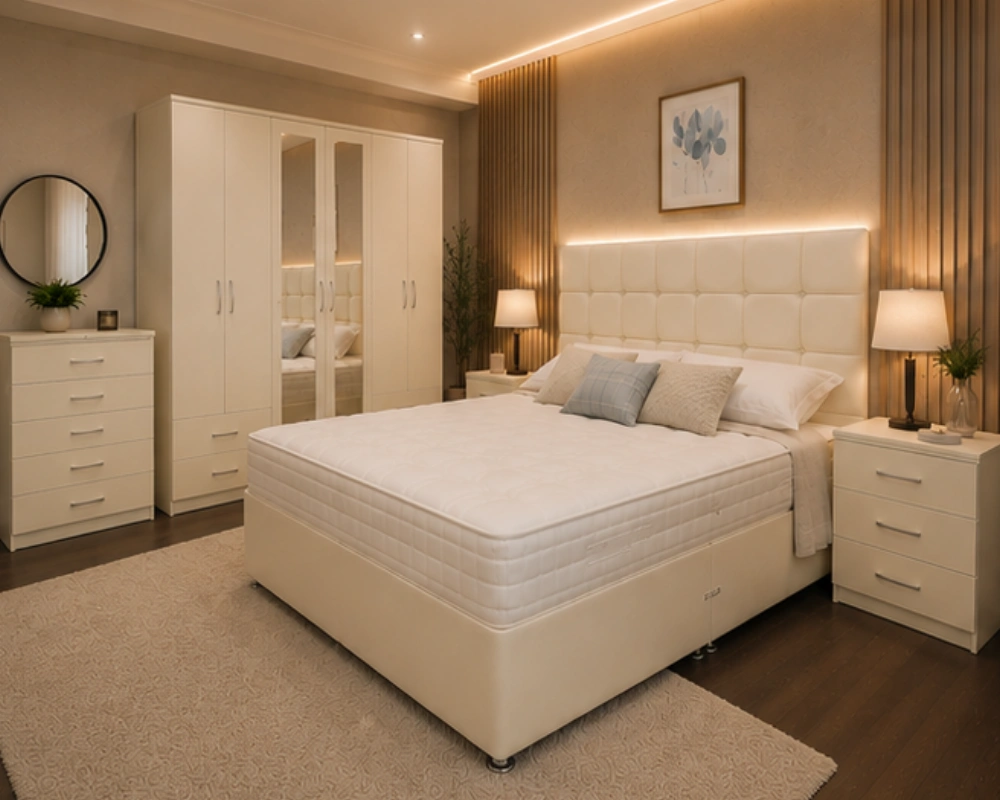 Premium King Bed Furniture Set – Mirrored Six Door Wardrobe – Chest of Five Drawers – Two Bedside Cabinets - Image 2