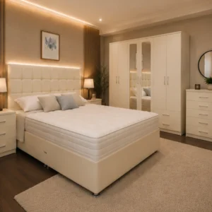Premium King Bed Furniture Set – Mirrored Six Door Wardrobe – Chest of Five Drawers – Two Bedside Cabinets