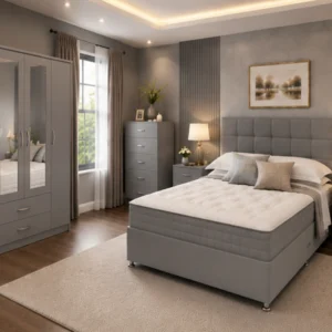 Spacious Luxury Bed Set with Three Door Wardrobe With Four Drawer - Chest of Five Drawers With Two Bed Side Table