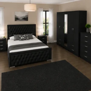 Modern Bedroom Furniture Set - Double Bed - 5 Door Full Length Mirror Wardrobe With 4 Drawers - Five Drawer Chest - Two Bedside Tables