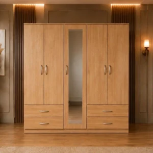 Modern 5 Door Wardrobe with 1 Long Mirror & 4 Drawers - Elegant 5 Door Wardrobe with Full-Length Mirror
