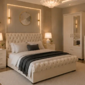Designer Bedroom Package - King Size Bed - 2 Door Mirror Wardrobe - Five Drawer Chest - Two Bedside Tables
