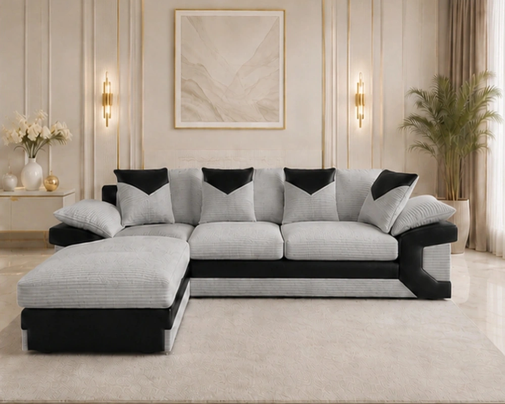 5 Seater Corner Sofa - Light Grey Black Leather Sofa - Image 3