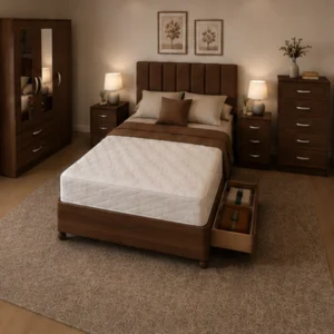 Elegant Bedroom Storage Collection - Double Bed - Three Door Mirror Wardrobe - Five Drawer Chest - Matching Bedside Tables