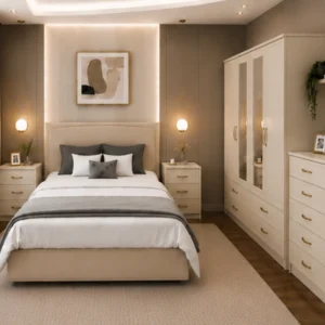 uxury Double Bed Furniture Set – Four Door Wardrobe with Four Bottom Drawers – Chest of Five Drawers with Two Bedside Tables