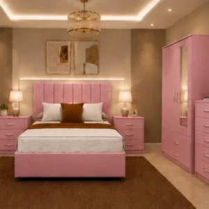 Complete king Bedroom Furniture Set - 2 Door Mirror Wardrobe - Five Drawer Chest - Two Bedside Tables