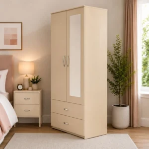 Modern 2 Door Wardrobe with 2 Drawers & 1 Mirror - Bedroom Storage Cabinet