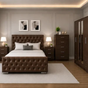 Complete Bedroom Collection With Double Bed - Six Door Wardrobe With Four Drawer - Chest of Five Drawers With Two Bed Side Table