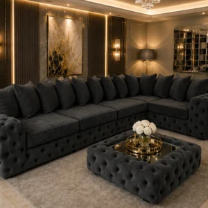 Premium Dark Grey L Shape Sofa – Elegant Tufted Living Room Suite