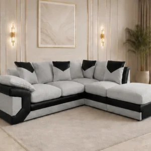 5 Seater Corner Sofa - Light Grey Black Leather Sofa